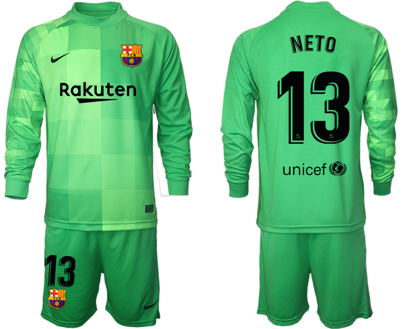Men 2021-2022 Club Barcelona green goalkeeper Long Sleeve #13 Soccer Jersey->barcelona jersey->Soccer Club Jersey